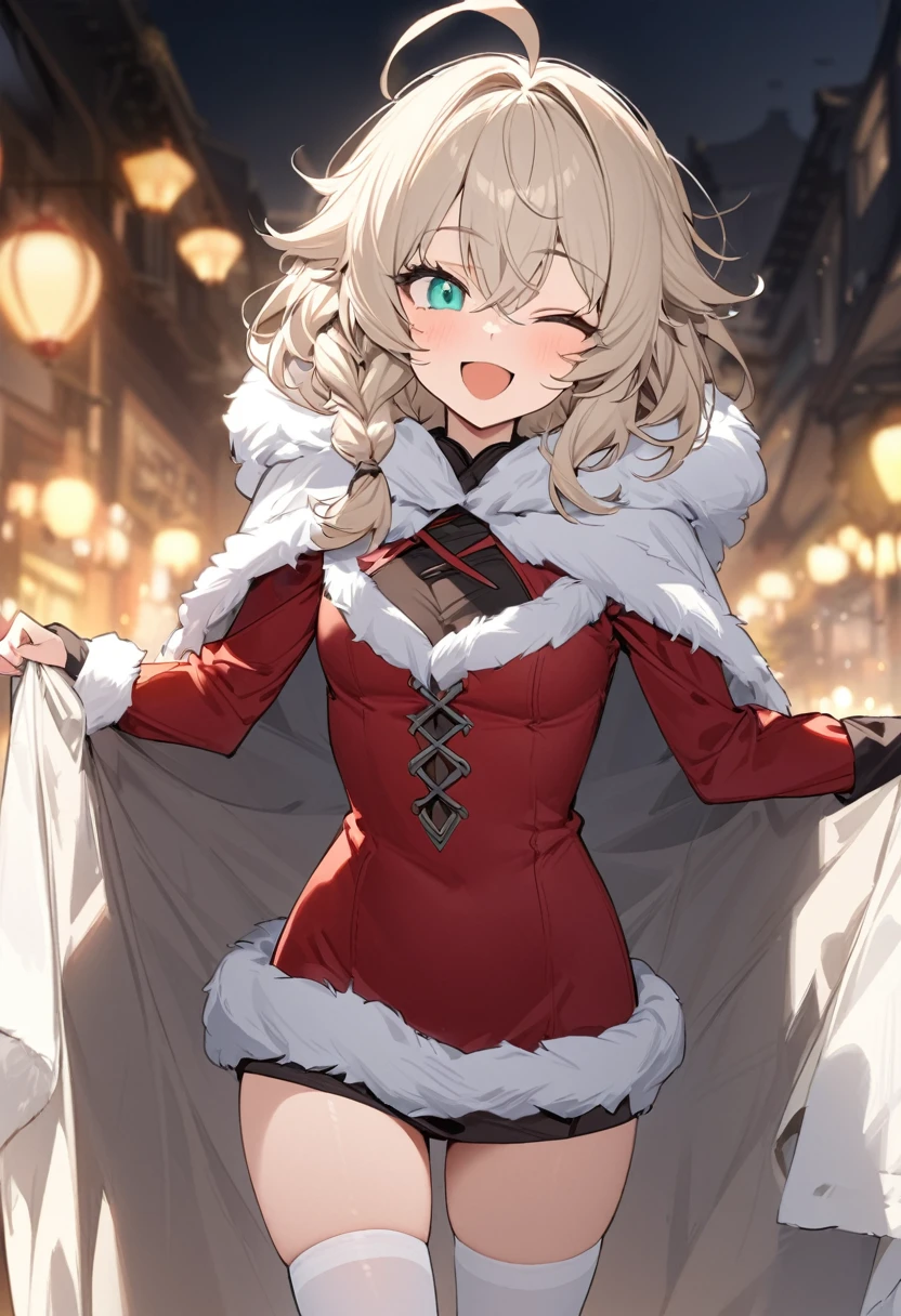 masterpiece, 独奏,19-year-old girl,, Silvery blonde hair girl, Wearing brown Viking clothing, Curly medium hair, Messy Hair, The body is slim, Wear a fur capelet and hood, The girl has her left eye closed, Shirt decoration, Aqua Eye,  Ahoge, Red vest,  Braid, Long sleeve, Beautiful Eyes, White Stockings, Droopy eyes, smile,  , View your viewers, Open your mouth, 