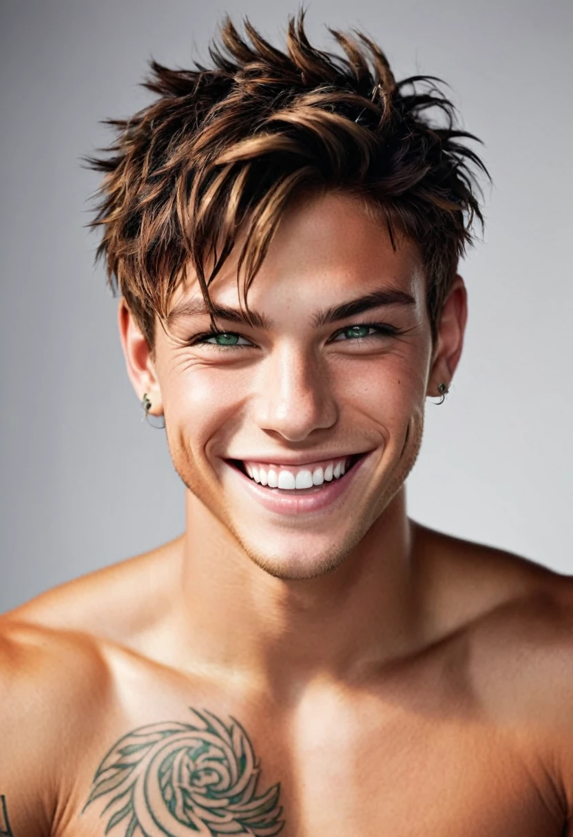 greek god, short cut hair, greeneyes, contagious and beautiful smile, Full mouth, bare chest and tattoo on the right shoulder