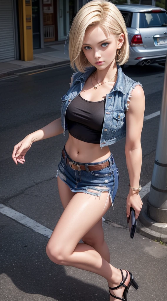 Best Quality, High Resolution, and18, 1girl in, Android 18, Solo, Blonde Hair, Blue Eyes, Short Hair, Earrings, Jewelry, Short Sleeve Denim Vest, Open Vest, Black Stockings, Black Sports Bra, Jeans Mini Skirt, Mini Skirt blue, Sexy heels, medium breasts, Cowboy Shot, Street, full body shots, (externally expanded chest: 1.2)