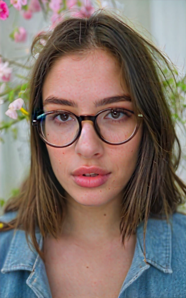 Beautiful 23 year old woman, light brunette, close-up, Girl next door, baggy clothes, draw up, lips, glasses, night, dirty hair, Granularity, retro, holder for 160 flowers, shot on ARRI ALEXA 65, sharp focus on the subject, Fujifilm HT-3