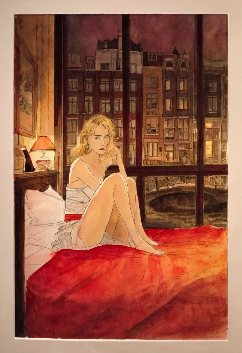 (A watercolor comics painting in the style of Jean-Pierre Gibrat), (Amsterdam, redlight district, a red-lit showroom at night), with Blonde French teacher, Anna Friel, low-cut tube top, tight pencil skirt, sitting alone alone on a bed, red lighting, illustration by Jean-Pierre Gibrat
