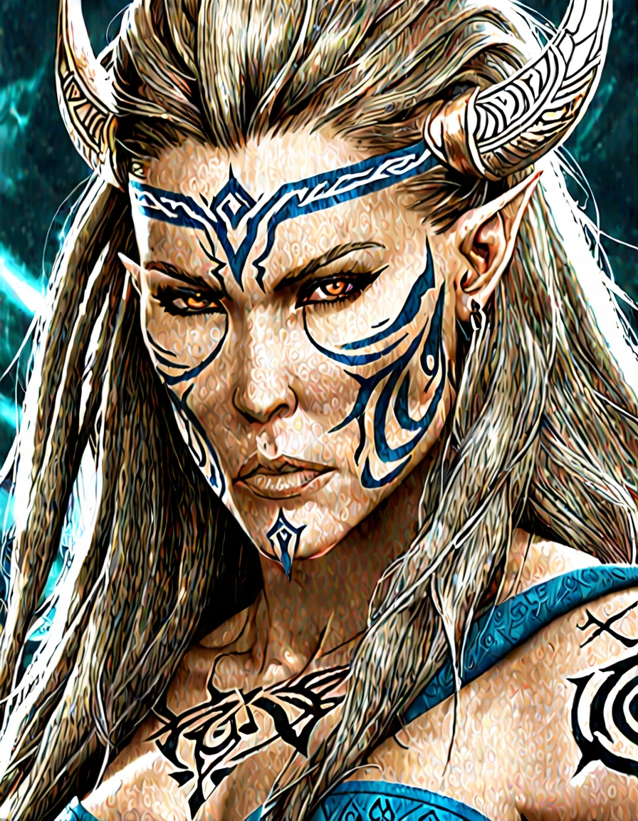 A close up of a woman with intricate facial tattoos and flowing hair, technoviking female with no shirt, with rune tattoos on her face, djinn human hybrid, norse goddess, picture of an adult female warrior, asgardian, muscular character, as a character in Tekken, inspired by Li Gonglin, inspired by Li Kan, avatar image, viking goddess