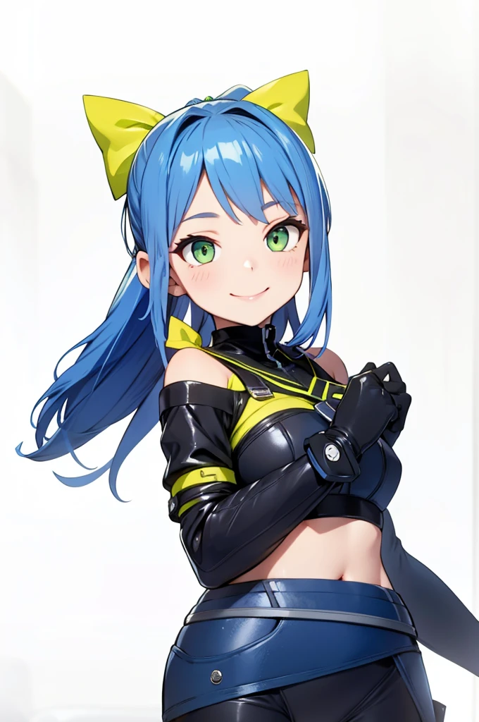 beautiful girl,ponytail,smile,happy,Black Gloves,Slim fit,Green Eyes,Blue Hair,Yellow ribbon,4K,8K,Highest quality