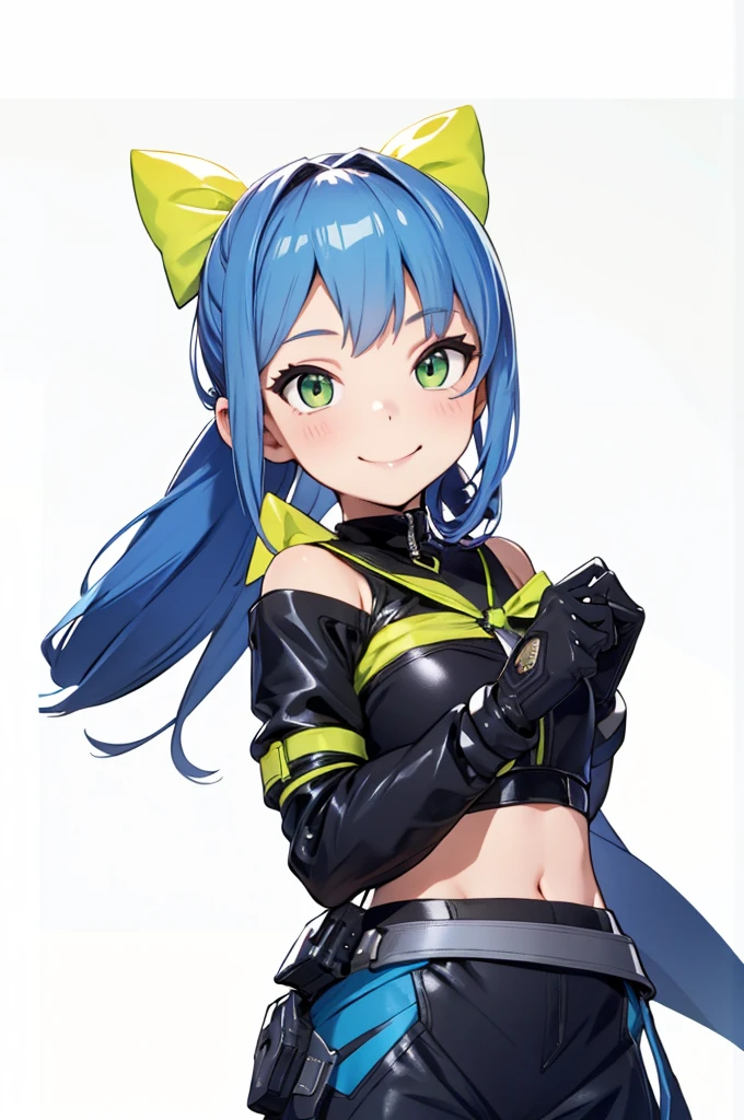 beautiful girl,ponytail,smile,happy,Black Gloves,Slim fit,Green Eyes,Blue Hair,Yellow ribbon,4K,8K,Highest quality