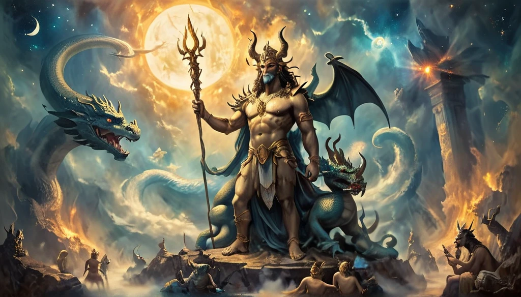 a painting of a statue of a man with a dragon polymerizing into a snake on his head, A huge celestial giant demon, Demons, before the beginning, Cernunnos, The Demon Emperor of the Earth, Fallen Angel, morning Star, god shiva the destroyer, The Annunaki creating humans, the demon possessed, The god Luzbel, Sculpture of Moloch, Gilgamesh, Attractive male deity.