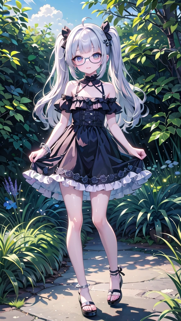 (8K, best quality, master piece: 1.5),super high resolution, One girl, solo, full body, junior high school student, ultra-detailed face, detailed eyes, rainbow colored iris, (cyan eyes), glasses, short twin tails, Silver gray hair, blunt bangs, hairclip, orgasm face, Masturbation, pale skin, Medium chest, Light purple princess dress, bare legs, anklet, garden, standing