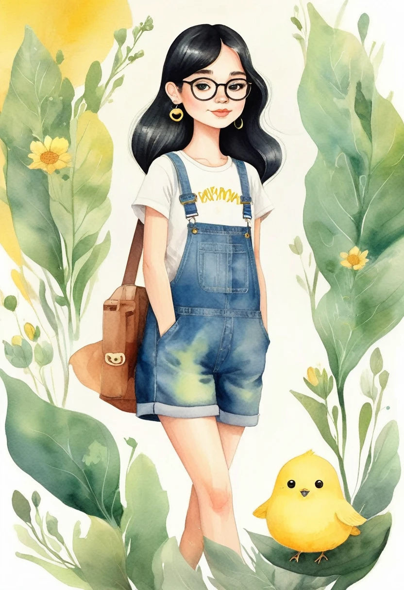 watercolor illustration. Chibi, very kawaii style of a charming Russian cartoon girl is confident. Her straight black hair frames her face, glasses, adorned with large, expressive eyes and a cheerful smile. She is dressed in a black t-shirt and yellow overalls and black shoes. adding a touch of color to the scene. She is standing looking straight ahead. The simplicity of the background puts the focus entirely on her, making her the undeniable star of this image. by David Mack and David McBride