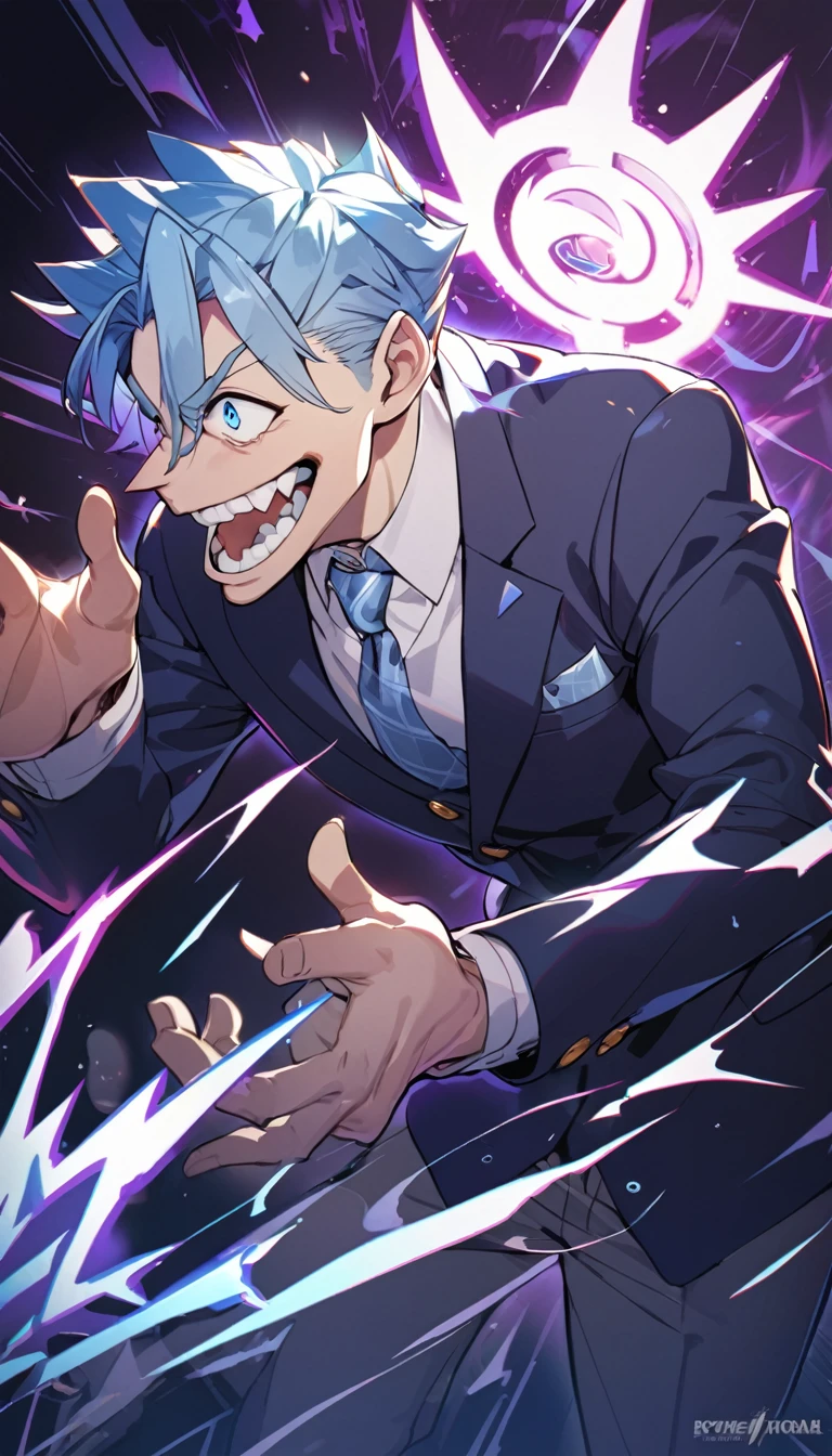 1 Guy,matured,School,Uniform,blazer,logo,spiky light blue hair,blue eyes, psychotic Laugh,blue lightning background,dark aura