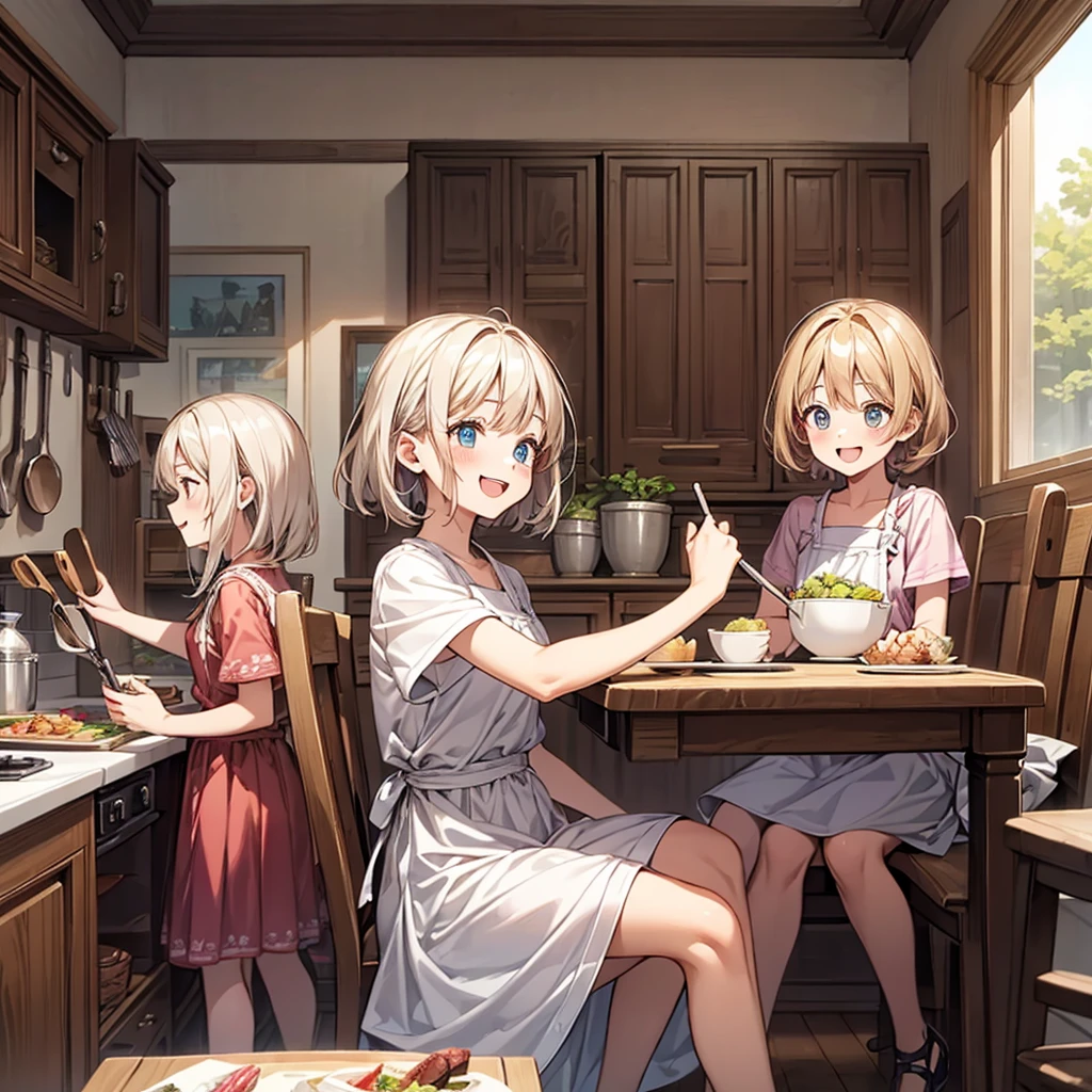 Group of cheerful children excitedly heading to the dining table, ready to set it, smiling widely, colorful and lively kitchen setting, cartoonish charm, soft and glowy lighting, highly detailed digital illustration, similar to high-quality children's books, DIGITAL ART