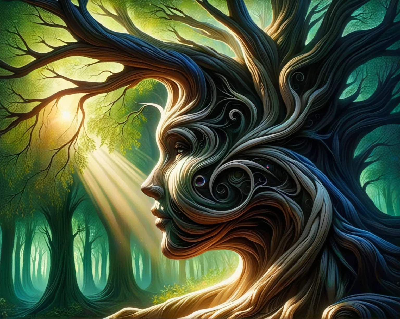 a painting of a woman's face in a forest with a sunbeam, portrait of a dryad, dryad, the oracle of trees, forest dryad, forest soul, dryad in the forest, goddess of the forest, goddess of nature, mother nature, queen of the forest, fantasy tree, forest spirit, beautiful elegant dryad, living tree