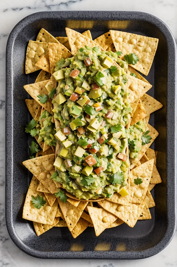 A small rectangular tray with many tortilla chips and a little guacamole