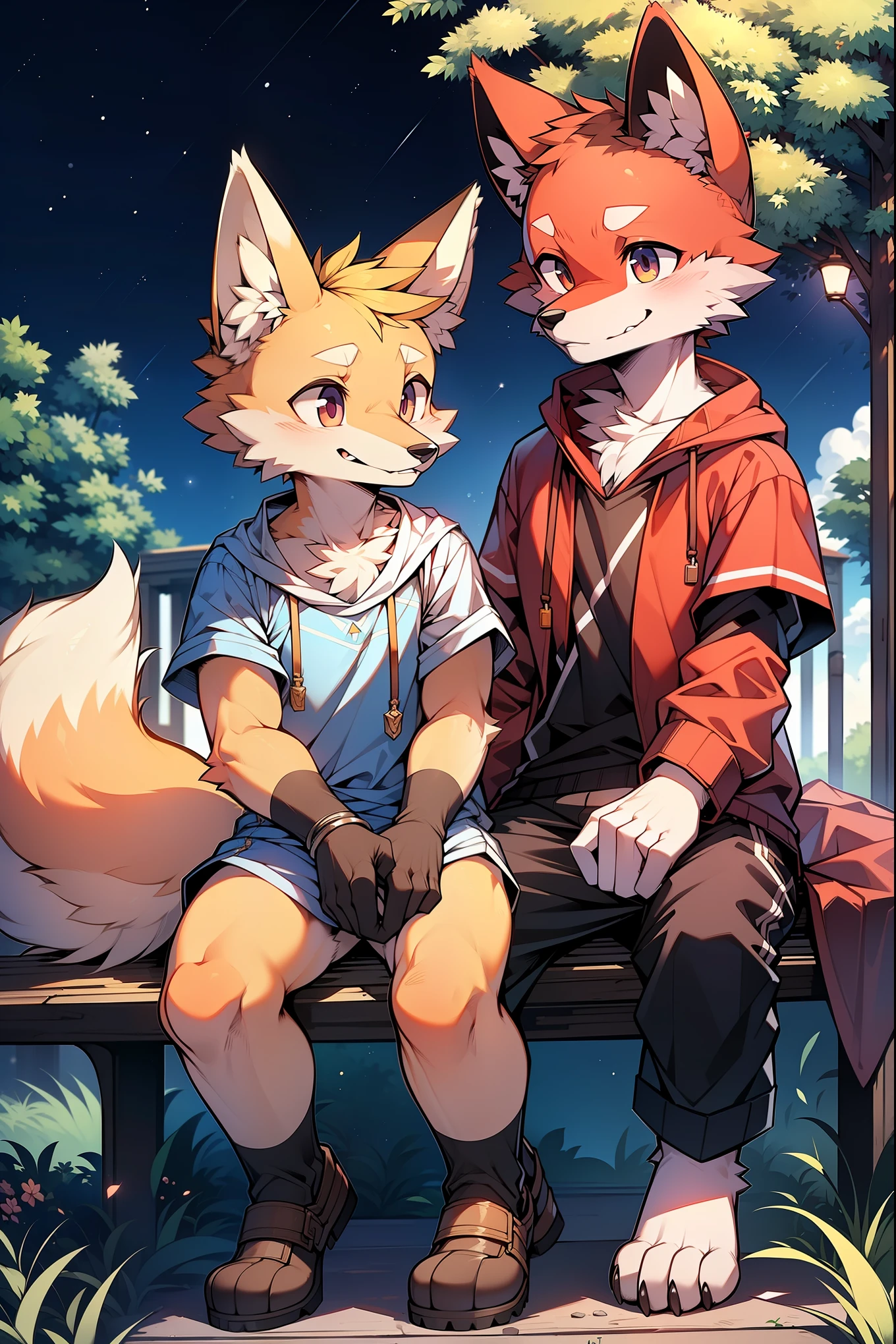 masterpiece,High quality,furry,male,(fox sitting on a park bench with a wolf and looking at the stars),perfect background,shy face,Two people