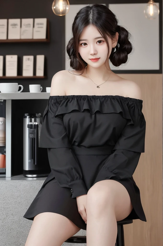 masterpiece: 1.3), (8K, Photorealistic, Raw photography, Best image quality: 1.4), Chubby Chinese girl, 19 years old, (Random hairstyle: 1.2), full body Super Detailed skin Detailed, sharp focus 1.3 beautiful woman : 1.4 light black hair top quality masterpiece、超 High resolution (Photorealistic: 1.4), Slight smile, watch, very detailed and professional lighting Casual off-shoulders Out-shoulders, and black mini skirt, Serious facial expression, Sitting on the coffee shop terr