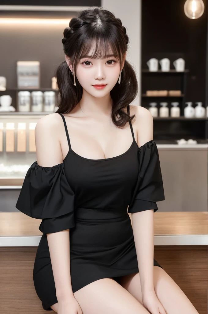 masterpiece: 1.3), (8K, Photorealistic, Raw photography, Best image quality: 1.4), Chubby Chinese girl, 19 years old, (Random hairstyle: 1.2), full body Super Detailed skin Detailed, sharp focus 1.3 beautiful woman : 1.4 light black hair top quality masterpiece、超 High resolution (Photorealistic: 1.4), Slight smile, watch, very detailed and professional lighting Casual off-shoulders Out-shoulders, and black mini skirt, Serious facial expression, Sitting on the coffee shop terr