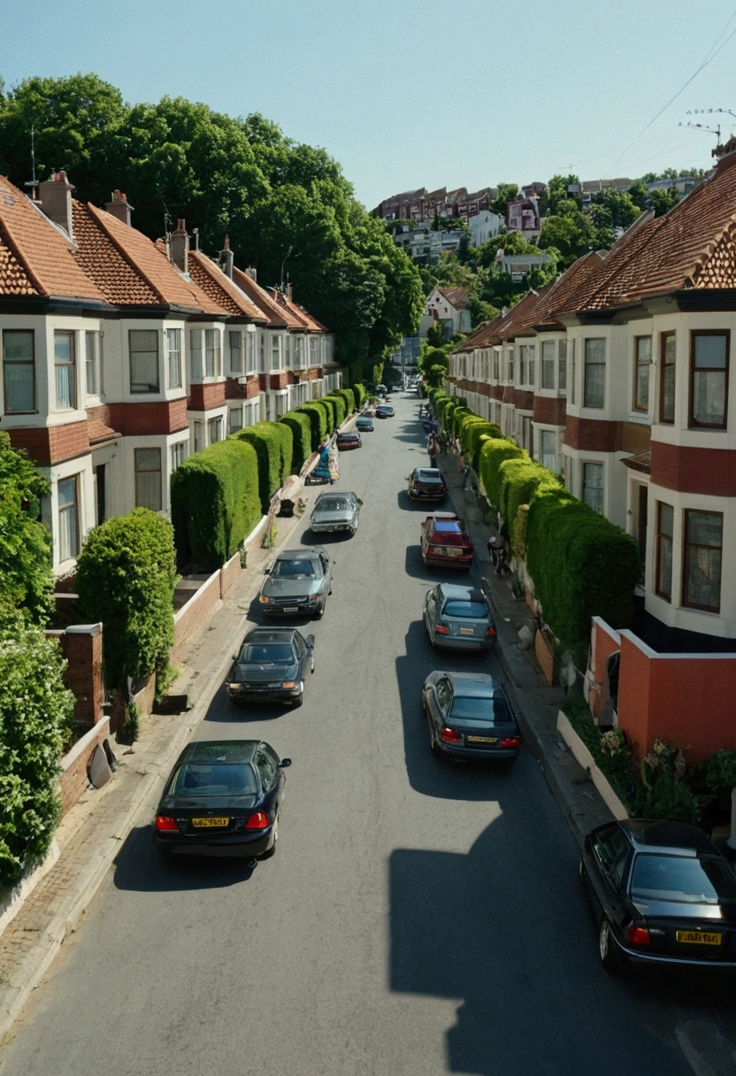 Street with some houses and cars, people walking