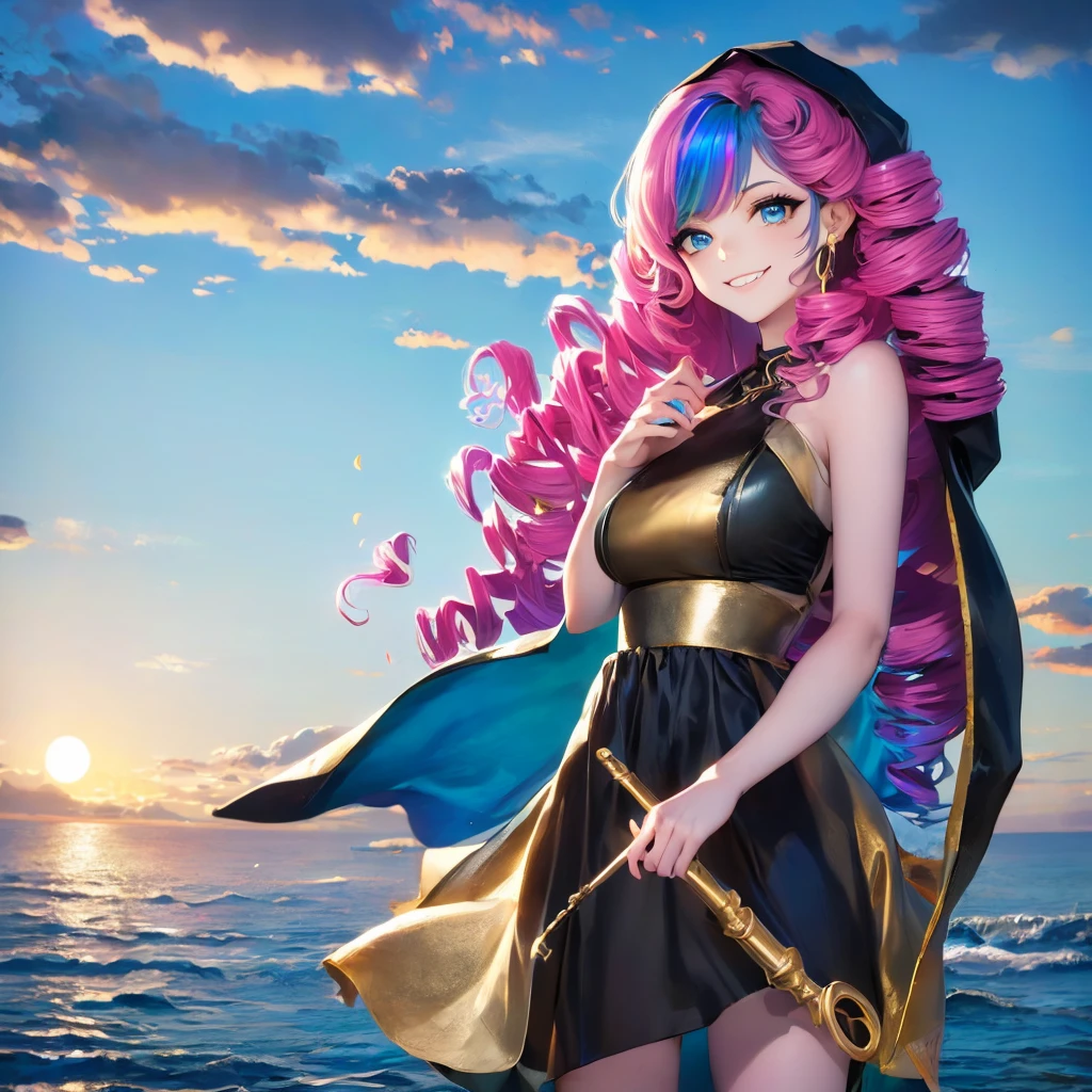 1 girl, (iridescent hair, colorful hair, half blue and half pink hair: 1.2), , blue_sky, holding a magic wand, summer (season), petals_on_liquid, black cloak with hood, red and black torn dress, skirt: 1.2, (gold long curly hair: 1.5), sky, outdoor, clouds, bangs, smile, sky blue eyes, bare shoulders, perfect hands, Hand details, repaired fingers. Earrings, sea + background, looking_at_viewer, cowboy shot, top quality, rich detail, perfect image quality, sunrise
