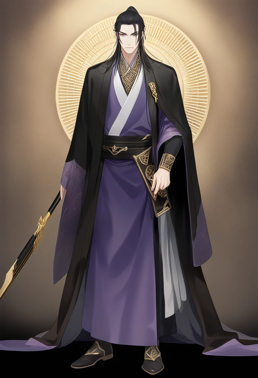 (masterpiece, best quality:1.2), 1male, solo, jiang cheng, mo dao zu shi, mdzs, purple and black clothes, purple eyes, long black hair, perfect anatomy, full body