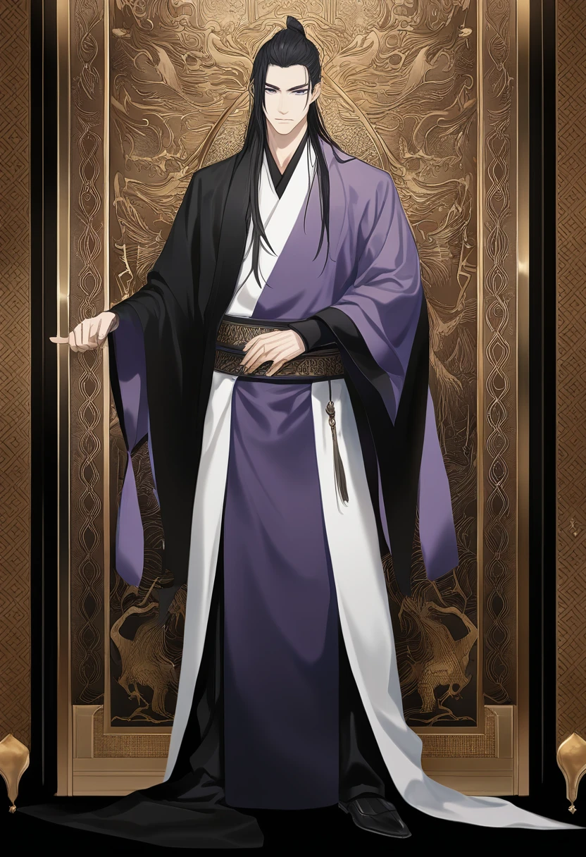 (masterpiece, best quality:1.2), 1male, solo, jiang cheng, mo dao zu shi, mdzs, purple and black clothes, purple eyes, long black hair, perfect anatomy, full body