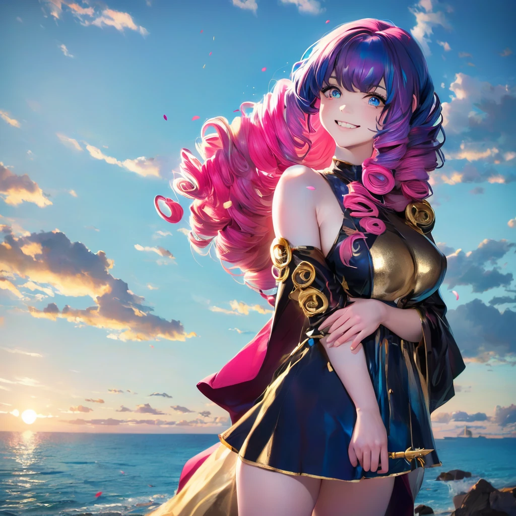 1 girl, (iridescent hair, colorful hair, half blue and half pink hair: 1.2), 17 years old, blue_sky, holding a magic wand, summer (season), petals_on_liquid, black cloak with hood, red and black torn dress, skirt: 1.2, (gold long curly hair: 1.5), sky, outdoor, clouds, bangs, smile, sky blue eyes, bare shoulders, perfect hands, Hand details, repaired fingers. Earrings, sea + background, looking_at_viewer, cowboy shot, top quality, rich detail, perfect image quality, sunrise