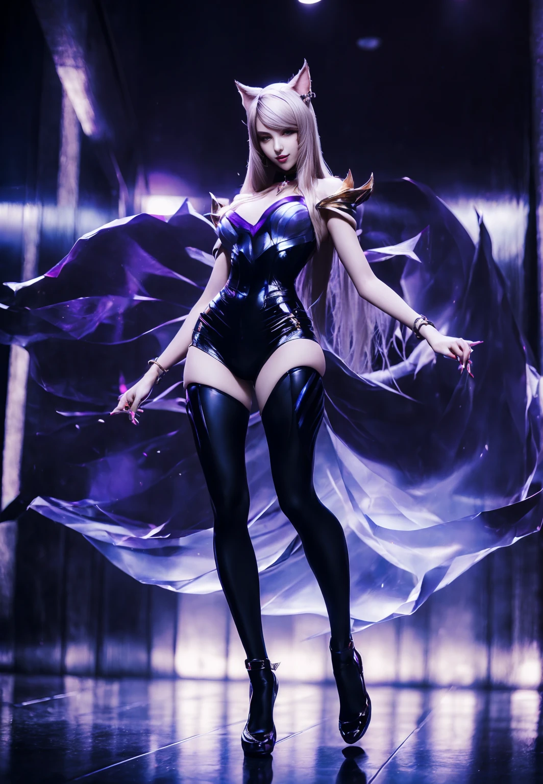 ((Full body photo, standing, feet on the ground)) kda_Ahri, dancing, seductive smile,, (acclaimed, attractive, Captivating, exciting, wonderful, impressive:1.3), seductive, (trending on CGSociety, trending on pixiv, contest winner:1.3)
 