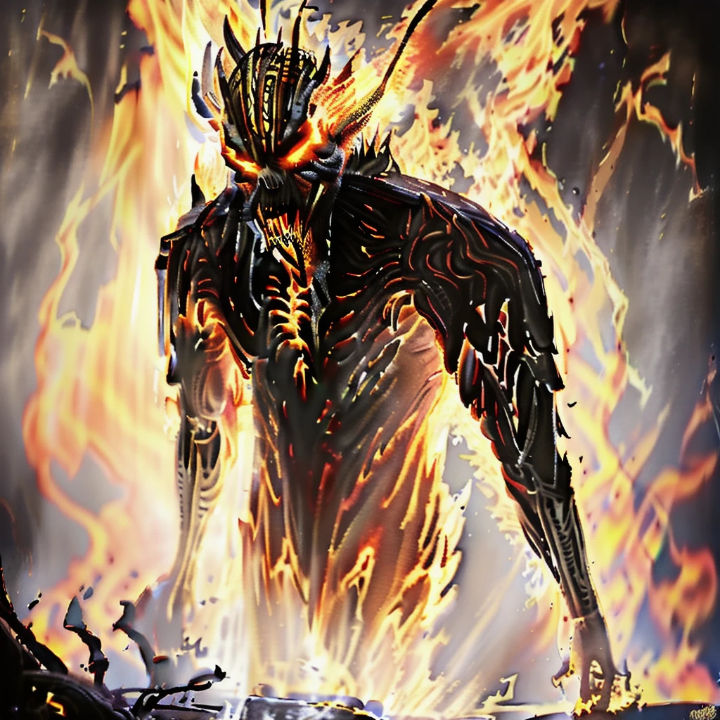 A towering, skeletal figure stands over 20 feet tall, its bony frame wreathed in flickering, ethereal flames. Its elongated, misshapen skull has hollow, sunken eye sockets that seem to pierce the soul. Wisps of smoke curl from between its exposed, jagged teeth. Massive, clawed hands tipped with razor-sharp phalanges hang at its sides, radiating intense heat. As it moves, the ground trembles beneath its thunderous steps, leaving a trail of smoldering destruction in its wake.