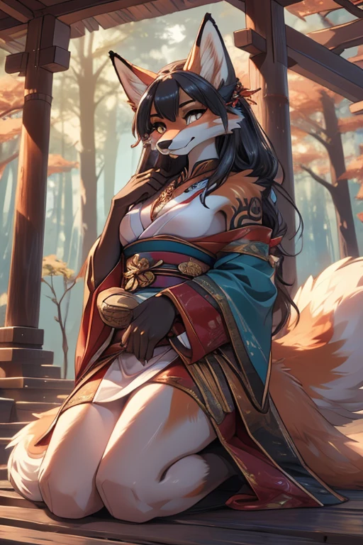 Anthro female red fox high definition good anatomy add_detail:1, red fur, kitsune ears, tribal tattoo add_detail:1, cute girl add_detail:1, feudal priestess clothing add_detail:1, forest, japanese shrine costume add_detail:1, add_detail:1, full body add_detail, highly detailed face, deep aqua iris add_detail:1, wolf claws, sharp fangs add_detail:1, wild slut add_detail:1