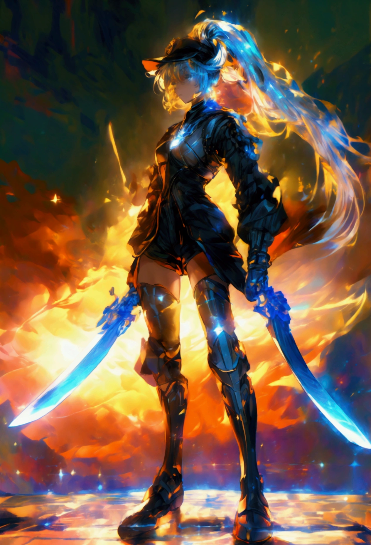 ((science fiction space fantasy)), A badass woman, an art of a female character standing amidst a galactic battlefront, (A female commander), ((a leader of a fleet of intergalactic armies)), White high ponytail with a glowing light blue highlights at the ends, Wielding a sword with deep blue aura, the mystical blade in her hand emitting a bright contrast blue light with a ray of energy, a futuristic intergalactic military uniform, Wearing Black shorts exposing the thighs, with a captain hat, a long simple dark boots. A masterpiece illustration, a light novel cover, best quality, best detail(Light novel illustrations), Arknights style, masterpiece, high quality, detailed.