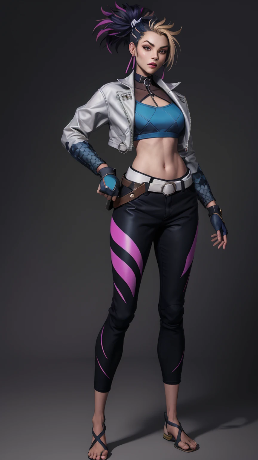 ((Full-length photo, standing, feet on the ground)) best quality,masterpiece,8k wallpaper,absurdres, highres, ultra detailed, (1 young beautiful girl, solo:1.1),k/da (league of legends), navel,fingerless gloves, cropped jacket,jacket, multicolored hair, samurai ponytail (loanword)ï¼belt, earrings, blonde hair, crop top, midriff, akali, makeup,purple hair, open jacket,two-tone hair, open clothes, blue eyes, lips, triangle earrings, belt buckle, black hair, breasts, black pants, hoop earrings, standing, blue gloves, blue hair, zipper,BREAK