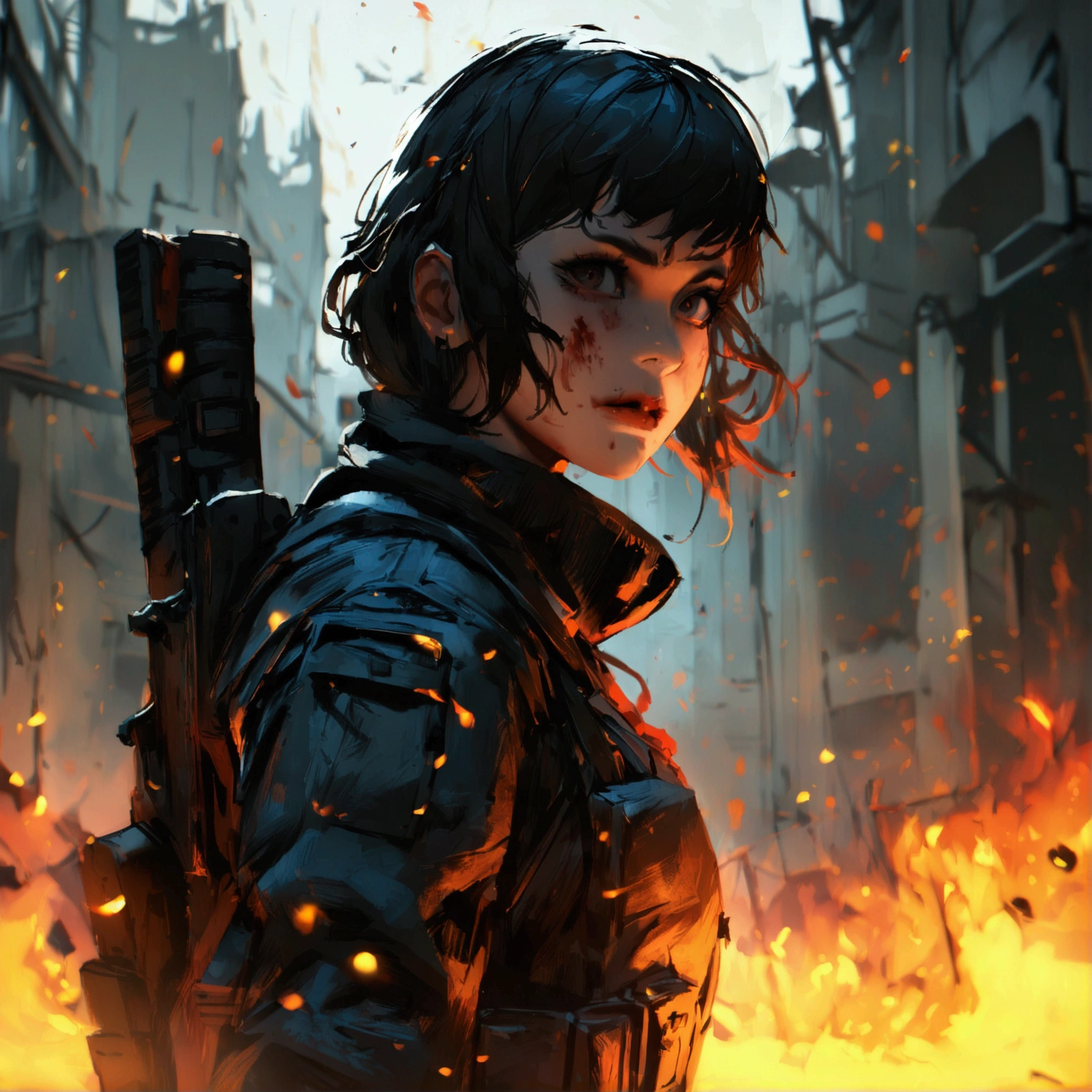 game inspired "Killing Floor" women survivor, loadout, dark, gruesome, ultra-detailed, london in ruins, embers, fire, dynamic, (8k, best quality, masterpiece: 1.2)