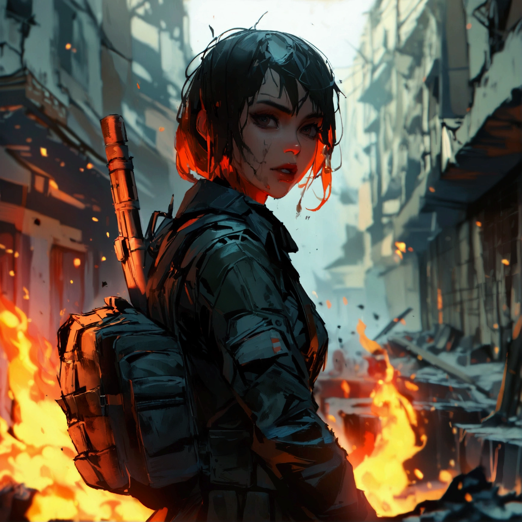 game inspired "Killing Floor" women survivor, loadout, dark, gruesome, ultra-detailed, london in ruins, embers, fire, dynamic, (8k, best quality, masterpiece: 1.2)