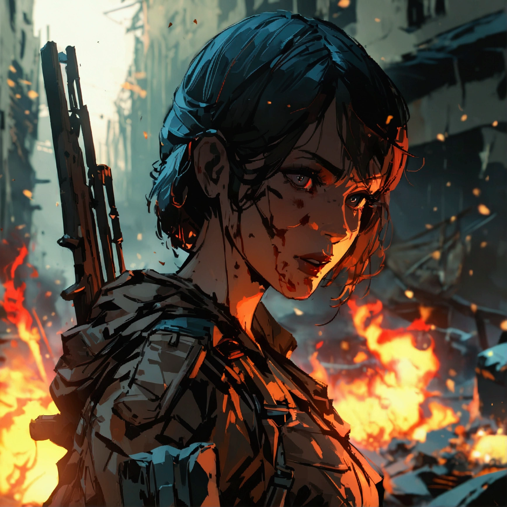 game inspired "Killing Floor" women survivor, loadout, dark, gruesome, ultra-detailed, london in ruins, embers, fire, dynamic, (8k, best quality, masterpiece: 1.2), rainy