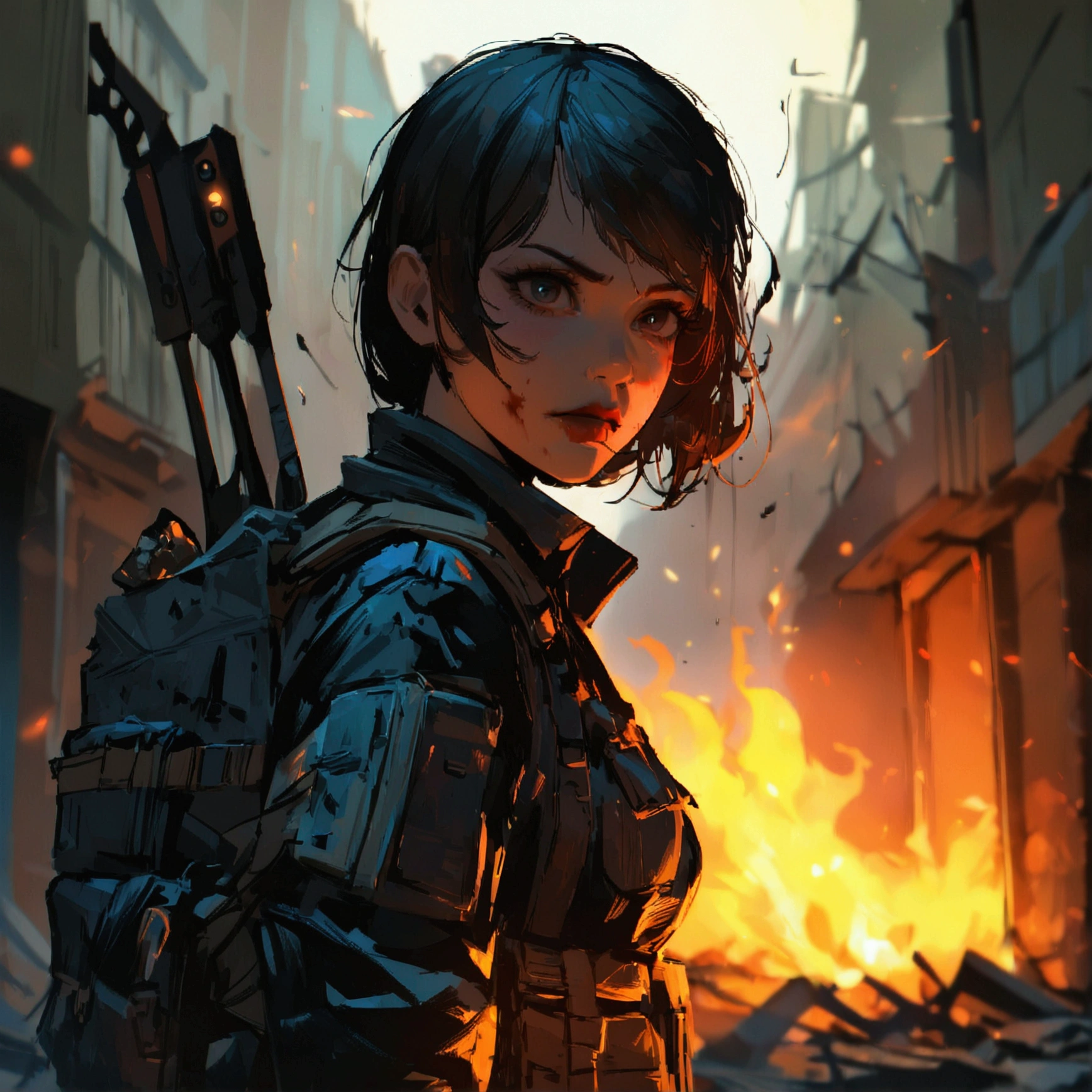 game inspired "Killing Floor" women survivor, loadout, dark, gruesome, ultra-detailed, london in ruins, embers, fire, dynamic, (8k, best quality, masterpiece: 1.2)