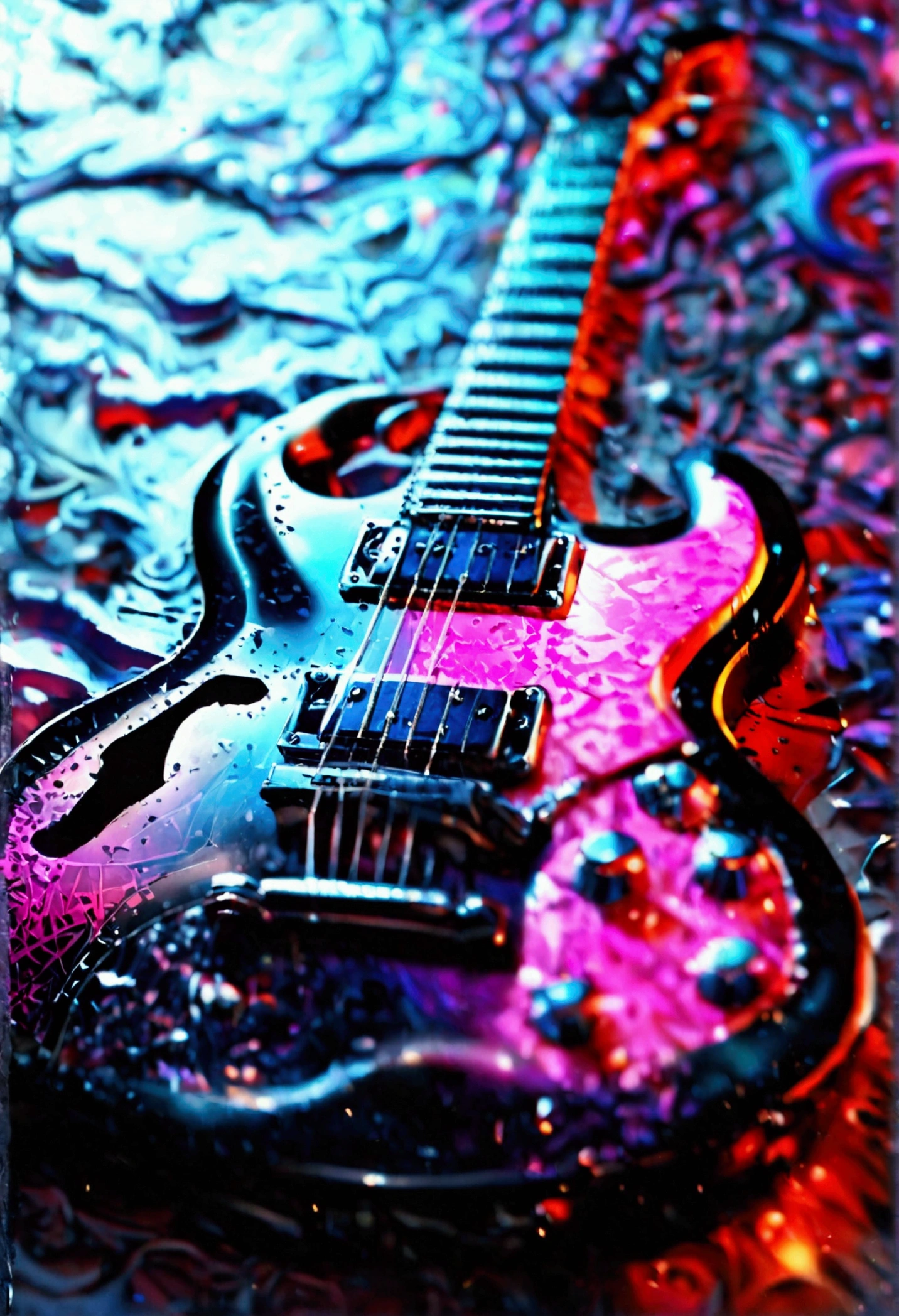 A DESCENDING SCALE LIGHT TURNS INTO VIBRATION, THAT TURNS INTO SOUND THAT TURNS INTO A black guitar model SG, with the design of a pink and purple gradient crescent moon.