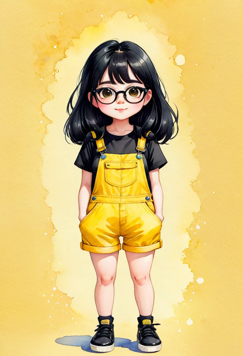 watercolor illustration. Chibi, very kawaii style of a charming Russian cartoon girl is confident. Her straight black hair frames her face, glasses, adorned with large, expressive eyes and a cheerful smile. She is dressed in a black t-shirt and yellow overalls and black shoes. adding a touch of color to the scene. She is standing looking straight ahead. The simplicity of the background puts the focus entirely on her, making her the undeniable star of this image. by David Mack and David McBride