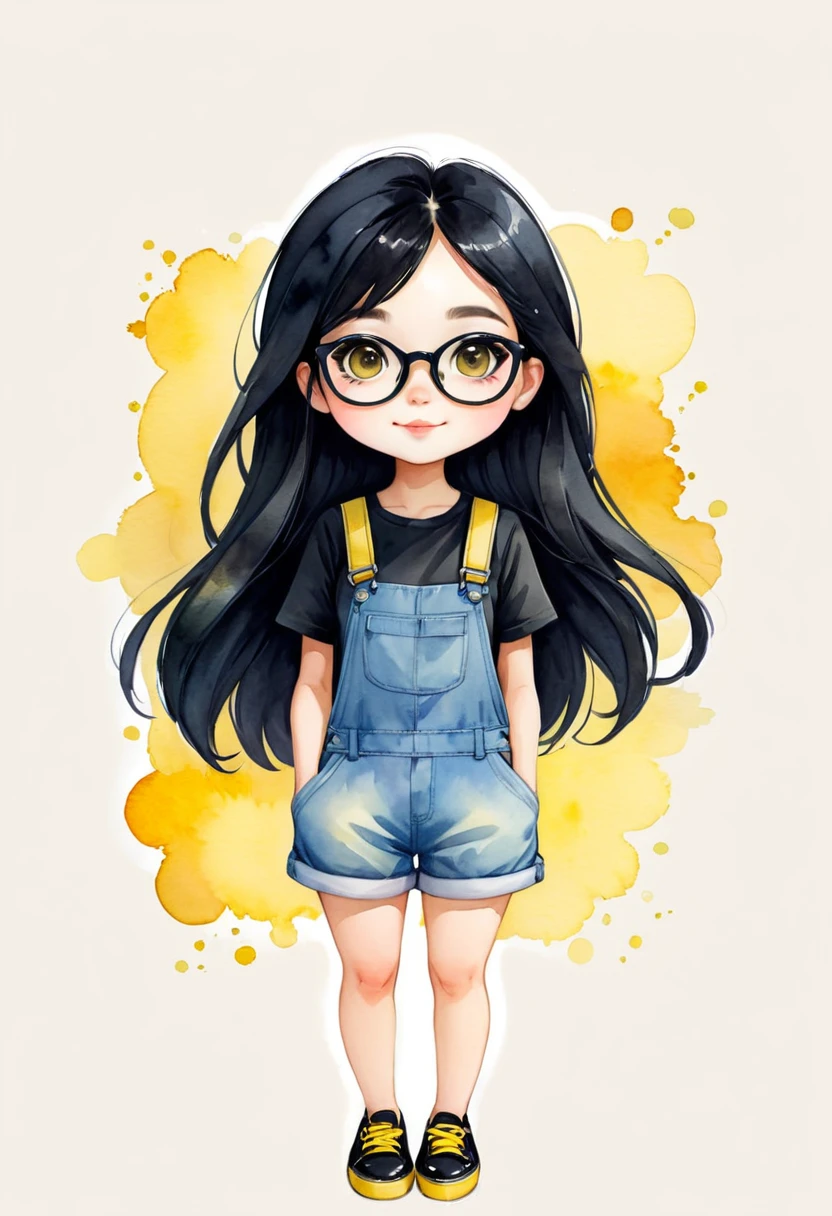 watercolor illustration. Chibi, very kawaii style of a charming Russian cartoon girl is confident. Her straight black hair frames her face, glasses, adorned with large, expressive eyes and a cheerful smile. She is dressed in a black t-shirt and yellow overalls and black shoes. adding a touch of color to the scene. She is standing looking straight ahead. The simplicity of the background puts the focus entirely on her, making her the undeniable star of this image. by David Mack and David McBride