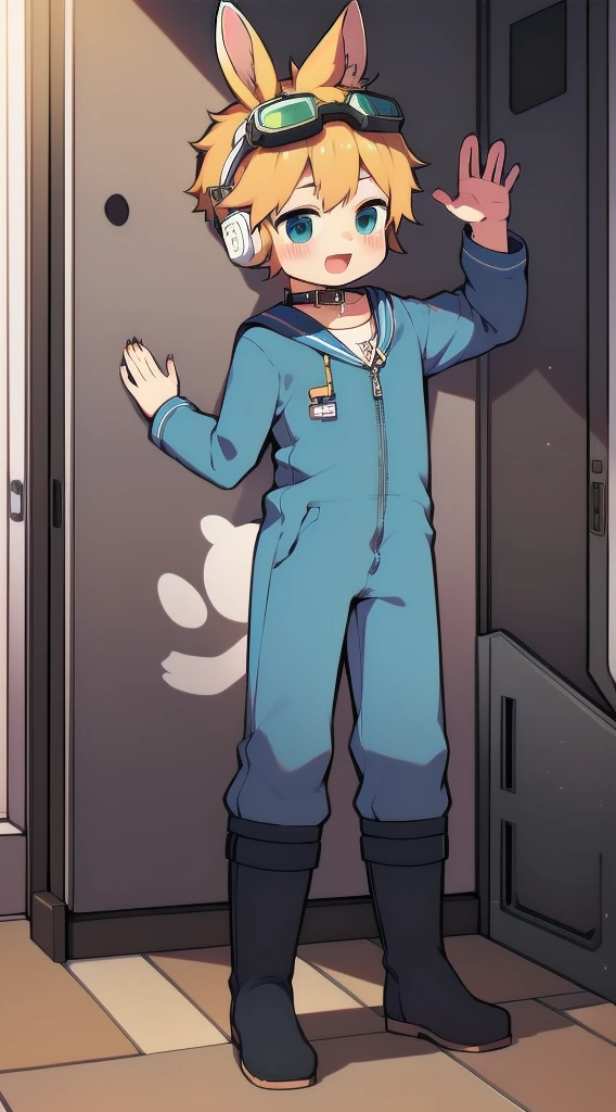 2D Shonen Shota,Dark green jumpsuit,Slim, healthy body,Put the headphones on your head,stand up,goggles,Rabbit ears,Happy,Sailor collar,boots,charming,Akimbo