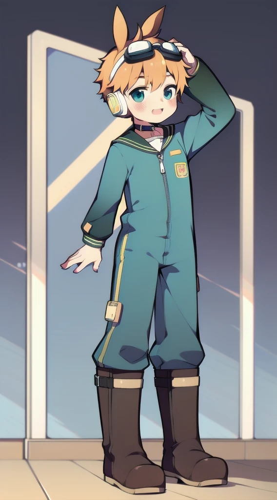 2D Shonen Shota,Dark green jumpsuit,Slim, healthy body,Put the headphones on your head,stand up,goggles,Rabbit ears,Happy,Sailor collar,boots,charming,Akimbo