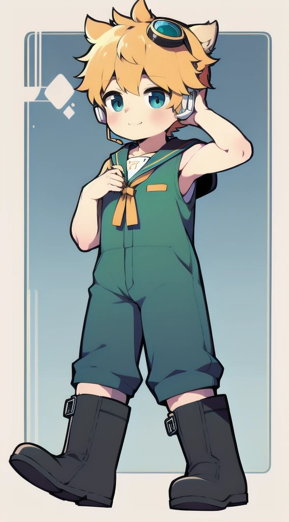 2D Shonen Shota,Dark green jumpsuit,Slim, healthy body,Put the headphones on your head,stand up,goggles,Rabbit ears,Happy,Sailor collar,boots,charming,Akimbo