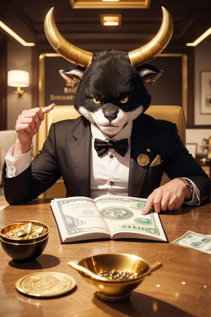 Imagine an anthropomorphic bull, with shining eyes from which dollar bills and gold flakes gush, displaying a smile of satisfaction and greed. He's sitting at the table, in a luxurious office, engaged in a lively discussion about financial strategies and wealth accumulation with other equally ambitious characters. Capture the scene that conveys the unique blend of power, unbridled ambition and attraction to money, with dollar bills and gold spreading across the scene