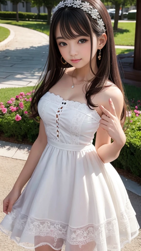 (Highest quality,masterpiece:1.3,Ultra-high resolution),(Very detailed,8k),(Realistic:1.4,RAW shooting)。Blurred Background、The best smile。A cute, 20-year-old maid、Plump figure。She's naked。Maid's Headband。Naked with a bow tie。Sexy Panties。Standing in the garden。