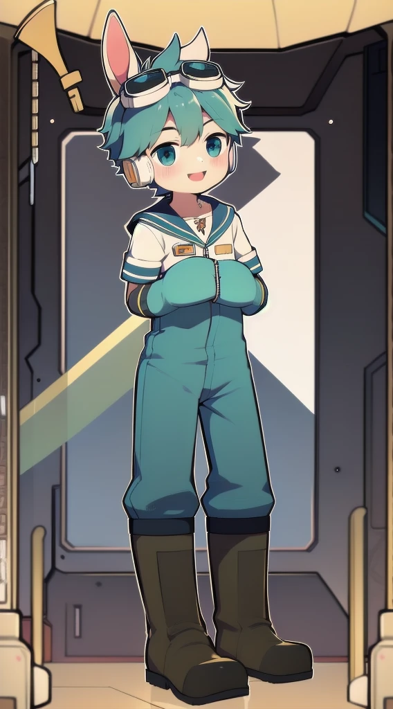 2D Shonen Shota,Dark green jumpsuit,Slim, healthy body,Put the headphones on your head,stand up,goggles,Rabbit ears,Happy,Sailor collar,boots,charming,Akimbo