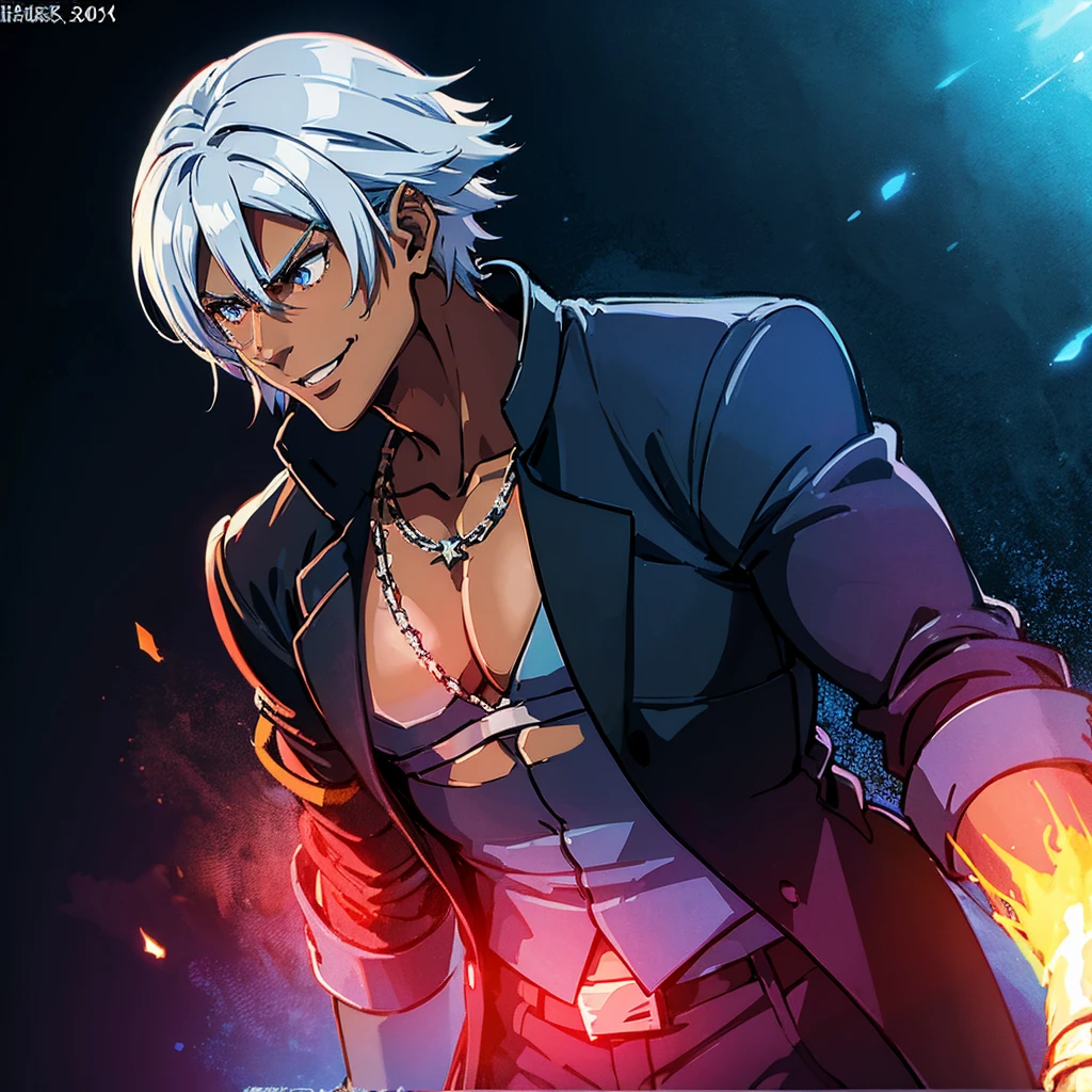 A Dark skinned young anime man, side swept silver hair, fiery light blue eyes, producing blue fire out of his fist, wearing a blue combat trench coat over a black tank top with black slacks and a chain on the hip, steel necklace with a blue dragon pendant around his neck, with sleeves rolled up to his elbows and a cocky smile