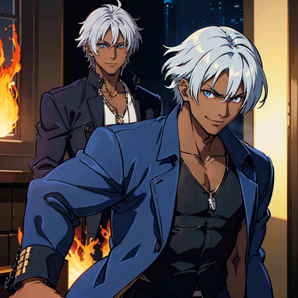 A Dark skinned young anime man, side swept silver hair, fiery light blue eyes, producing blue fire out of his fist, wearing a blue combat trench coat over a black tank top with black slacks and a chain on the hip, steel necklace with a blue dragon pendant around his neck, with sleeves rolled up to his elbows and a cocky smile