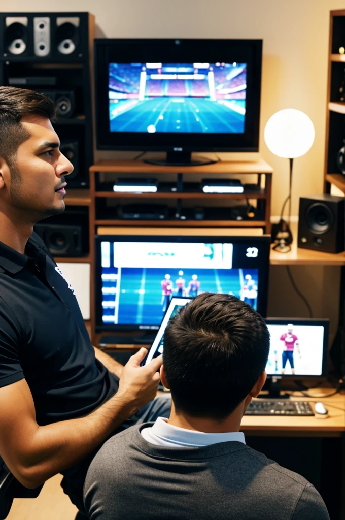Developer watching football game at work studio