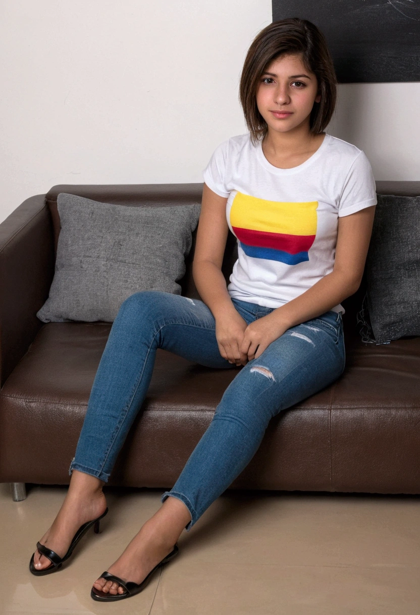 1fille,Colombian,21 ans, Brown eyes,bare,best quality, head of&#39;artwork, 8K,brut photo, photo (subject), extremely detailed, brut,realistic,session, regarder le spectateur,jeans,t-shirt blanc,Longhaire,black har, couch,