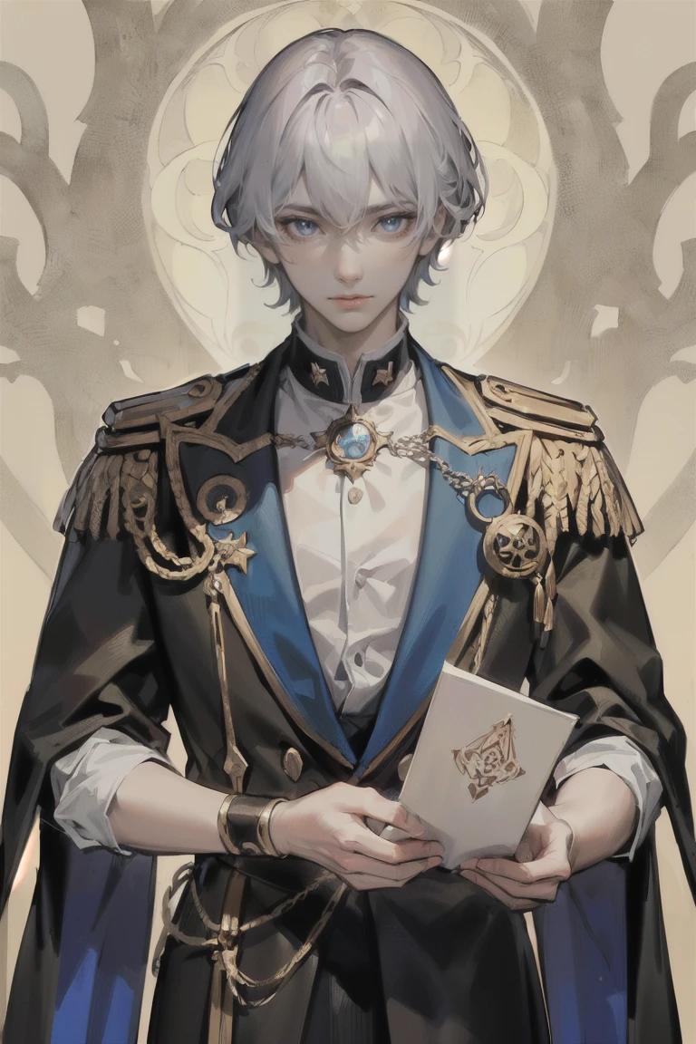 ((Highest quality)), ((masterpiece)), (detailed), 1 male, Adult, \(Tarot\),Symbolism,Visual Arts,occult,universal,Vision Casting,philosophical,Iconography,Number secrets,Popularity,Artistic, Alphonse Mucha, Silver Hair,Beautiful young man,(Short hair that is not trimmed),Bangs sideways flowing,blue eyes,2 block haircuts,Cold Stare,(uniform),20-year-old male,adult