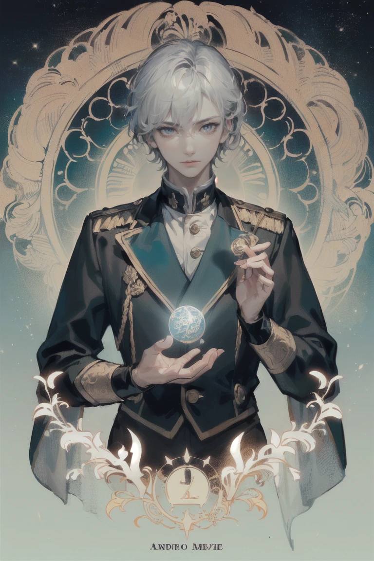 ((Highest quality)), ((masterpiece)), (detailed), 1 male, Adult, \(Tarot\),Symbolism,Visual Arts,occult,universal,Vision Casting,philosophical,Iconography,Number secrets,Popularity,Artistic, Alphonse Mucha, Silver Hair,Beautiful young man,(Short hair that is not trimmed),Bangs sideways flowing,blue eyes,2 block haircuts,Cold Stare,(uniform),20-year-old male,adult