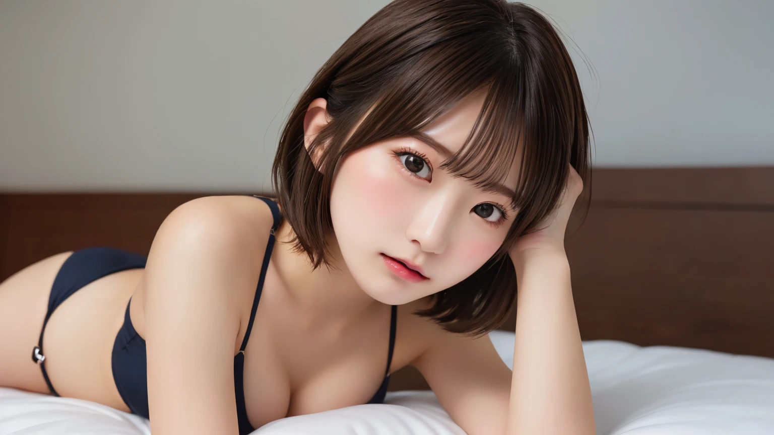(8K.Highest quality), (beautiful)、Very delicate eyes、Brown eyes、22-year-old female、Brown Hair、Embarrassed、Looking into the camera、Semi-short hair、Gal、Soft boobs、Open your mouth、Micro Bikini、solo、Fine skin、Sleeping on your stomach、From head to tail