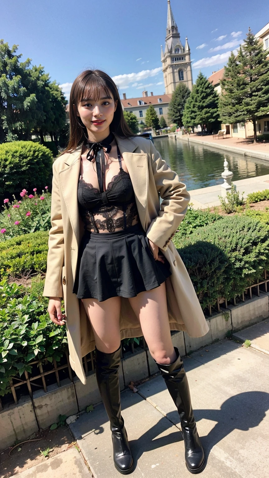 (8K、RAW Photos、Highest quality、masterpiece:1.2)、(Highest quality、Realistic)、1 Girl、((Long coat、tights、mini skirt、one piece、smile、black、mini skirt、Thin legs、whole body、boots、garden、View from the front、Stand with hands on hips))、cute