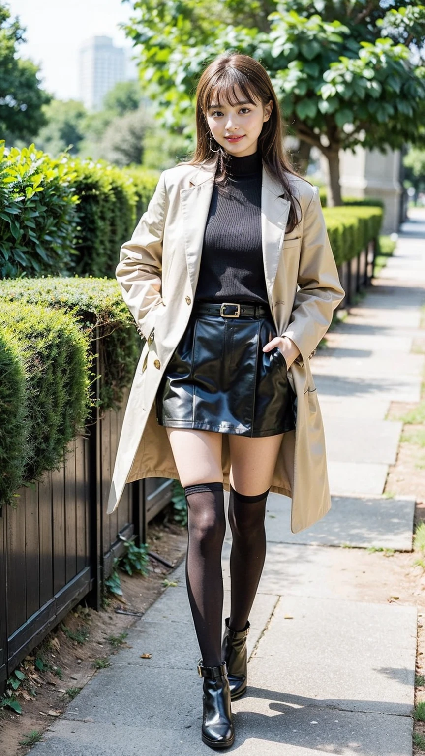 (8K、RAW Photos、Highest quality、masterpiece:1.2)、(Highest quality、Realistic)、1 Girl、((Long coat、tights、mini skirt、one piece、smile、black、mini skirt、Thin legs、whole body、boots、garden、View from the front、Stand with hands on hips))、cute